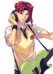  1boy alternate_costume closed_mouth collared_shirt earrings electric_guitar guitar hand_up headphones highres holding holding_instrument instrument jewelry jojo_no_kimyou_na_bouken kakyouin_noriaki kotatsu_(g-rough) looking_at_viewer male_focus necktie pants red_eyes red_hair school_uniform shirt simple_background smile solo stardust_crusaders upper_body vest white_background white_shirt wing_collar wristband 