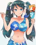  :q bare_shoulders bikini_top blue_eyes blue_hair breasts collarbone cup drinking_glass floral_print food gradient_hair hair_ribbon holding holding_spoon ice_cream isuzu_(kantai_collection) itomugi-kun kantai_collection large_breasts long_hair looking_at_viewer multicolored_hair navel ribbon sarong simple_background solo spoon tongue tongue_out twintails white_background 