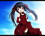  black_hair detached_sleeves dress dress_lift jyuru kooh pangya red_eyes solo thighhighs twintails 