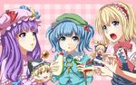  alice_margatroid bad_id bad_pixiv_id blonde_hair blue_eyes blue_hair blush bow cucumber cup fuji_hyorone hair_bobbles hair_ornament hat hourai_doll kawashiro_nitori long_hair mayonnaise multiple_girls patchouli_knowledge purple_eyes purple_hair shanghai_doll short_hair tea teacup touhou two_side_up yukkuri_shiteitte_ne 