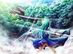 akashio_(loli_ace) architecture bad_id bad_pixiv_id dual_wielding east_asian_architecture forest green_hair holding kochiya_sanae long_hair nature scenery sheath solo sword touhou weapon 