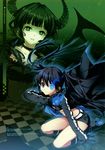  absurdres belt bikini_top black_hair black_rock_shooter black_rock_shooter_(character) blue_eyes boots cape choker dead_master dmyotic green_eyes highres horns legs long_hair magic multiple_girls shirahane_nao shorts thigh_boots thighhighs twintails unzipped wings 