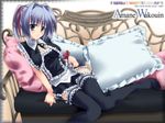  bad_id bad_pixiv_id blue_eyes blue_hair blush copyright_request couch dragonmaterial frills garter_belt hair_ribbon highres pillow ribbon sitting solo thighhighs wallpaper 