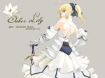  armor armored_dress artoria_pendragon_(all) back dress fate/stay_night fate/unlimited_codes fate_(series) flower lily_(flower) looking_back saber saber_lily shirotsumekusa solo sword weapon 