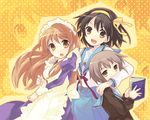  asahina_mikuru blush brown_eyes brown_hair happy hug kita_high_school_uniform long_hair maid multiple_girls nagato_yuki school_uniform serafuku short_hair suzumiya_haruhi suzumiya_haruhi_no_yuuutsu tachitsu_teto 