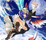  bad_id bad_pixiv_id boots dress eho_(icbm) feathers flying head_wings horns moon multicolored_hair red_eyes silver_hair single_head_wing sky solo tokiko_(touhou) touhou wings 