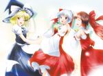  bad_id bad_pixiv_id blonde_hair brown_hair cosplay hakurei_reimu hakurei_reimu_(cosplay) izayoi_sakuya japanese_clothes kirisame_marisa multiple_girls nanaume_(shichimi_tougarashi) one_eye_closed red_eyes ribbon sarashi short_hair silver_hair touhou yellow_eyes 