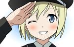  blonde_hair blue_eyes blush erica_hartmann hat highres one_eye_closed salute solo strike_witches uniform vector_trace world_witches_series 