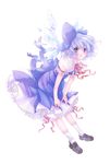  blue_hair bow cirno dress full_body hair_bow hands_on_own_knees highres open_mouth short_hair smile solo touhou transparent_background tsucaco 