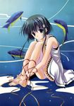  absurdres barefoot blue_eyes dress feet fish green_hair hands_on_feet highres leg_hug legs legs_together looking_at_viewer nanao_naru original panties pantyshot pantyshot_(sitting) ribbon scan short_hair sitting solo toes underwear white_panties 