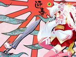  amaterasu animal_ears highres issun japanese_clothes kimono kimono_skirt natsume_eri ookami_(game) personification tachigami thighhighs wolf_ears zettai_ryouiki 