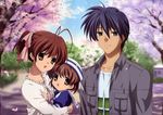  2girls cherry_blossoms clannad family furukawa_nagisa hat highres hikiyama_kayo husband_and_wife multiple_girls okazaki_tomoya okazaki_ushio 