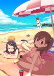  4girls absurdres angry ass bad_id bad_pixiv_id bag ball barefoot beach beachball blush breast_press breasts brown_eyes brown_hair child coca-cola copyright_request day hair_ornament hairclip highres kneeling large_breasts lying multiple_girls outdoors product_placement short_hair side_ponytail smile sunbathing 