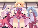  ahoge blonde_hair blue_eyes blue_hair bow flyable_heart game_cg hair_ornament highres holding itou_noiji kujou_kururi long_hair looking_at_viewer minase_sakurako multiple_girls open_mouth panties pantyshot pink_hair red_eyes sasakura_ayato sumeragi_amane thighhighs track_suit twintails underwear white_panties wrench yellow_eyes 