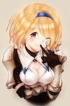  ;) bangs black_gloves blonde_hair blush breast_hold breasts brown_background brown_eyes cleavage cleavage_cutout closed_mouth djeeta_(granblue_fantasy) eyebrows eyebrows_visible_through_hair gloves granblue_fantasy granblue_fantasy_project_re:link hair_between_eyes hairband hand_to_own_mouth highres medium_breasts one_eye_closed short_hair simple_background smile solo upper_body wakaba_(945599620) 