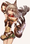  :3 animal_ears arm_up bangs bare_shoulders blush breasts cat_ears cat_paws claw_(weapon) closed_mouth collar collarbone erune eyebrows eyebrows_visible_through_hair eyes_visible_through_hair gloves granblue_fantasy green_skirt grey_hair hair_between_eyes kotoribako long_hair medium_breasts microskirt navel_cutout paw_gloves paws red_eyes sen_(granblue_fantasy) silver_background simple_background skirt solo weapon 