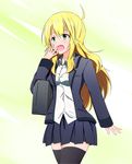  bag black_legwear black_skirt blonde_hair dress_shirt green_eyes hoshii_miki idolmaster idolmaster_(classic) kiu_(dear_deer) long_hair open_mouth pleated_skirt school_bag school_uniform shirt skirt solo thighhighs white_shirt yawning zettai_ryouiki 