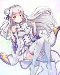  bare_shoulders blush boots breasts cleavage detached_sleeves emilia_(re:zero) eyebrows eyebrows_visible_through_hair flower hair_flower hair_ornament long_hair looking_at_viewer pilokey purple_eyes re:zero_kara_hajimeru_isekai_seikatsu rose skirt small_breasts solo thigh_boots thighhighs white_footwear white_hair white_legwear 