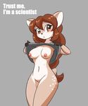  2016 5_fingers anthro areola black_fur black_nose blush bottomless breasts brown_eyes brown_hair cervine clothed clothing clothing_lift deer doe_(alfa995) english_text eyelashes female fur grey_background hair long_hair looking_at_viewer mammal mostly_nude navel nipples open_mouth pussy shirt shirt_lift simple_background solo standing tan_fur text white_fur zedrin-butts 