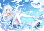  2girls absurdres artist_request bird blue_eyes day detached_sleeves dove floating_hair highres kuuki_shoujo long_hair looking_at_viewer mary_janes multiple_girls open_mouth shoes skirt sky solo_focus the_personification_of_atmosphere thighhighs white_hair 