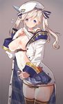  bad_proportions bare_shoulders beret blonde_hair blue_eyes breasts cucouroux_(granblue_fantasy) eyebrows eyebrows_visible_through_hair gradient gradient_background granblue_fantasy hat jacket koza_game large_breasts lifted_by_self navel nipples no_bra panties panty_pull pussy_juice shirt_lift skirt skirt_lift solo standing underwear white_panties 