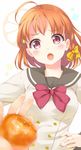  :o ahoge blush bow braid breasts clover_hair_ornament food fruit hair_bow hair_ornament holding holding_food holding_fruit komone_ushio love_live! love_live!_sunshine!! mandarin_orange medium_breasts open_mouth orange_hair out_of_frame pink_eyes pov pov_hands school_uniform serafuku short_hair single_braid solo_focus takami_chika uranohoshi_school_uniform v-shaped_eyebrows yellow_bow 