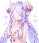  ^_^ bikini breasts bug butterfly butterfly_earrings closed_eyes collarbone double_bun draph granblue_fantasy hair_ornament hair_over_one_eye hand_on_own_cheek highres horns insect lavender_hair long_hair medium_breasts narmaya_(granblue_fantasy) parted_lips pointy_ears shionty sketch smile solo swimsuit upper_body white_background white_bikini 
