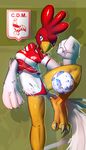  anthro avian beak big_breasts bird blue_eyes breasts chicken claws clothed clothing elpatrixf english_text feathers female pose skimpy smile solo text tight_clothing underwear 