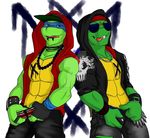  anthro clothing duo hashiree_(artist) leonardo_(tmnt) male piercing pose punk raphael_(tmnt) reptile scalie smile swag tagme teenage_mutant_ninja_turtles tongue tongue_out turtle 
