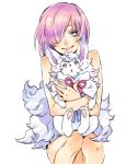  1girl animal bad_anatomy bare_shoulders blush breasts character_request chestnut_mouth fate/grand_order fate_(series) hair_over_one_eye holding holding_animal hoshino_lily looking_at_viewer mash_kyrielight pink_ribbon purple_eyes purple_hair ribbon short_hair simple_background sitting smile solo white_background 