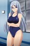  1girl blue_hair breast_hold breasts gakuen_de_jikan_yo_tomare glasses hypnotized long_hair school_swimsuit screencap solo window 