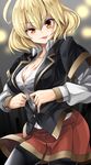  akuma_no_riddle black_legwear blonde_hair breasts cleavage collarbone eyebrows eyebrows_visible_through_hair hair_between_eyes hashiri_nio large_breasts looking_at_viewer orange_eyes pantyhose red_skirt short_hair skirt solo tongue tongue_out tyone 