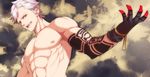  abs arm_tattoo check_commentary commentary commentary_request eve_(nier_automata) from_below gloves kurokoge_(on-offswitch) looking_at_viewer male_focus muscle nier_(series) nier_automata nipples open_mouth red_eyes shirtless solo spiked_hair tattoo white_hair 