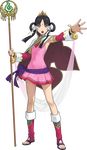  absurdres armpits black_hair boots bow cape detached_sleeves facial_mark forehead_mark full_body fuse_takuro green_eyes gyakuten_saiban gyakuten_saiban_6 hair_rings highres jewelry knee_boots looking_at_viewer miniskirt official_art pink_skirt purple_bow rayfa_padma_khura'in red_footwear red_sleeves sandals sash shakujou sidelocks skirt solo staff standing tattoo tiara toeless_boots toes 