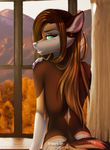  2016 5_fingers anthro bare_back brown_hair canine detailed_background ear_piercing eyelashes gradie gradiewoof green_eyes hair inside looking_at_viewer mammal piercing pink_nose smile wide_hips window wolf 