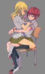  blonde_hair danganronpa danganronpa_3 freckles green_eyes kibougamine_gakuen_school_uniform koizumi_mahiru kuzuryuu_natsumi multiple_girls red_hair school_uniform shinshishinc short_hair sitting sitting_on_lap sitting_on_person yuri 