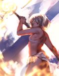 arched_back ass back bikini_top blurry commentary dark_skin depth_of_field fire flame flame_trail flat_chest highres looking_at_viewer looking_back magic original pachyphytum red_eyes sarong short_hair solo staff white_hair 