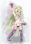  1girl armpit blush boots bow child eyebrows fire_emblem fire_emblem:_kakusei flat_chest full_body fund_(fund_tardis) gloves green_hair long_hair navel nono_(fire_emblem) open_mouth pointy_ears purple_eyes raising_hand smile solo standing 