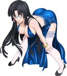  1girl black_hair blue_dress breasts cleavage glasses high_school_dxd large_breasts long_hair shinra_tsubaki solo standing 
