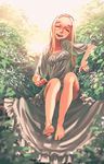  barefoot blonde_hair bloom bush closed_eyes dress eyelashes facing_viewer feet flower full_body head_tilt highres laughing leaf legs long_hair nature original pachyphytum panties pantyshot pantyshot_(sitting) sitting smile solo sunlight toes underwear white_dress white_flower 