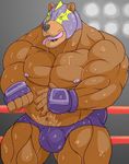  anthro bear biceps black_nose bulge clothed clothing cum cum_on_body drooling fur gloves huge_muscles league_of_legends male mammal manly mask musclechub muscular muscular_male pecs saliva solo topless video_games volibear 