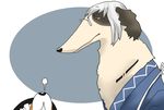  animalization borzoi clothed_animal fume glasses height_difference kirisame_marisa looking_at_another morichika_rinnosuke no_humans onikobe_rin out_of_frame profile touhou welsh_corgi white_background 