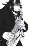 2015 5_fingers anthro beard black_and_white bow_tie canine clothed clothing digital_media_(artwork) dreadlocks echin eyes_closed eyewear facial_hair front_view fur glasses hair half-length_portrait hi_res humanoid_hands inner_ear_fluff male mammal monochrome musical_instrument musician playing_music portrait saxophone saxwuff simple_background solo standing suit white_background wolf 