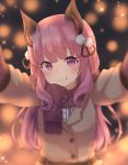  1girl animare bangs belt black_ribbon blurry blush bokeh brown_coat buttons closed_mouth coat commentary_request depth_of_field eyebrows_visible_through_hair fang fringe_trim hair_ornament hair_ribbon head_tilt highres long_hair long_sleeves looking_at_viewer maka_neko outstretched_arms pink_hair pom_pom_(clothes) purple_eyes purple_scarf ribbon sanpaku scarf smile solo tareme umori_hinako upper_body virtual_youtuber wavy_hair wing_collar winter_clothes 