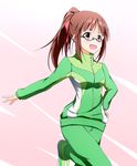  akizuki_ritsuko brown_eyes brown_hair eyebrows eyebrows_visible_through_hair glasses hair_ribbon hand_on_hip high_ponytail idolmaster idolmaster_(classic) kiu_(dear_deer) open_mouth red_ribbon ribbon solo 