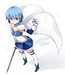  armband bangs belt blue_eyes blue_hair cape gloves hair_ornament hairclip highres mahou_shoujo_madoka_magica mahou_shoujo_madoka_magica_movie masamuuu miki_sayaka short_hair skirt smile solo soul_gem sword thighhighs weapon zettai_ryouiki 