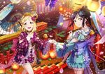  :d architecture blonde_hair blue_hair cherry_blossoms east_asian_architecture embarrassed flower hair_flower hair_ornament highres holding_hands japanese_clothes kimono kimono_skirt lantern long_hair love_live! love_live!_school_idol_festival love_live!_sunshine!! matsuura_kanan multiple_girls official_art ohara_mari open_mouth oriental_umbrella petals ponytail purple_eyes smile stitched third-party_edit umbrella yellow_eyes yuri 