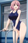  1girl breasts curvy gakuen_de_jikan_yo_tomare hypnotized pink_hair school_swimsuit screencap short_hair solo window 