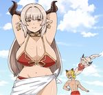  2girls adapted_costume alicia_(granblue_fantasy) aliza_(granblue_fantasy) animal_ears arms_up bangs bikini blue_sky blush breasts cat_ears cleavage cloud collarbone cross cross_earrings curvy day draph earrings erune eyebrows eyebrows_visible_through_hair flying_kick ghostdoctor granblue_fantasy groin hair_intakes horns in_the_face jealous jewelry kicking large_breasts long_hair looking_at_viewer mature mother_and_daughter multiple_girls navel one-piece_swimsuit outdoors pointy_ears ponytail red_bikini red_eyes sarong silver_hair sky smile solo_focus spitting spitting_blood stan_(grandblue_fantasy) swimsuit underboob 