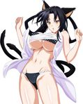  1girl black_hair bra breasts high_school_dxd kuroka large_breasts long_hair panties solo standing underboob yellow_eyes 